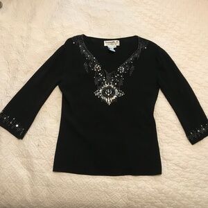 Joseph A. black pullover V-neck sweater with beads & sequins (L)